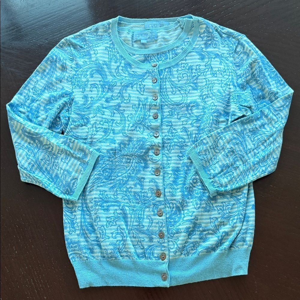 J. McLaughlin Aqua Paisley Cardigan and top set